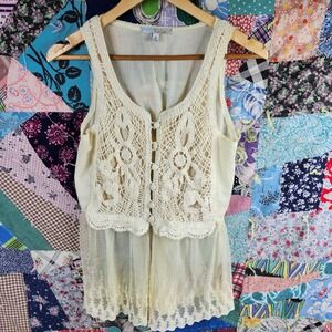 Cecico Crochet Lace Tank Top Button Down Sleeveless Cream Medium‎